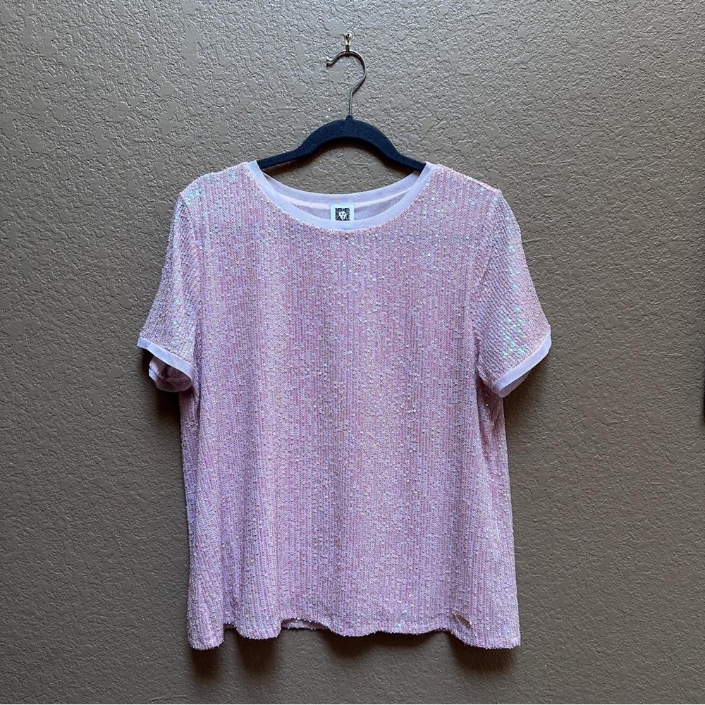 Anne Klein Pink Sequin Short Sleeve Top - Iridescent Sparkle - Size Large